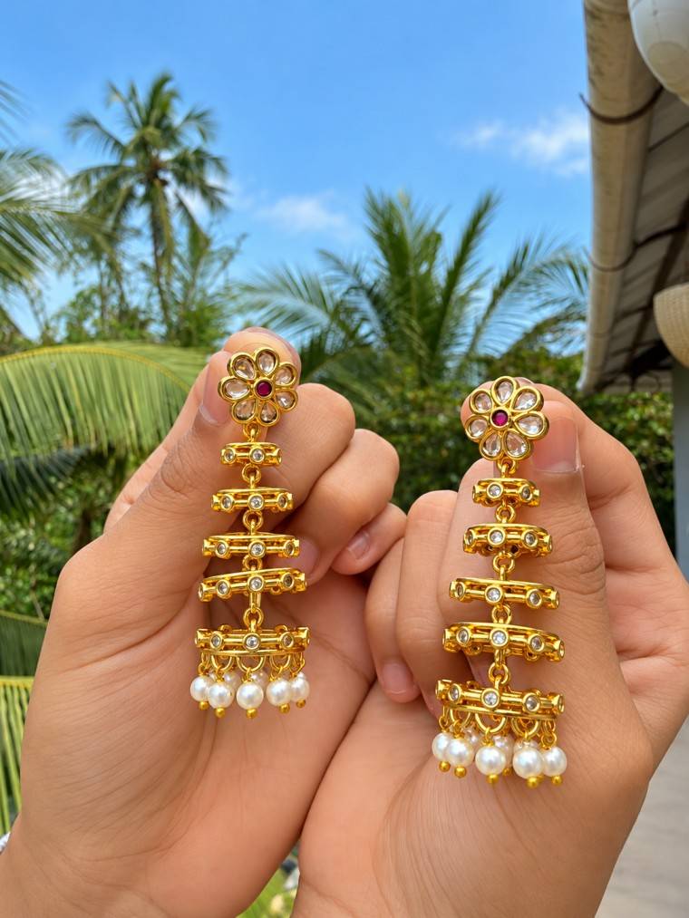 Floral Kundan & Ruby Chandelier CZ Earrings with Pearl Drops